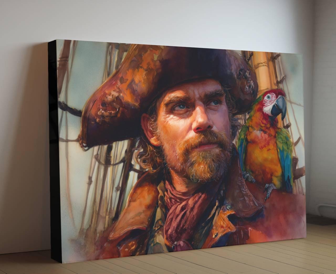 Pirate Captain with Parrot Canvas, Macaw Bird Portrait Print, Colorful Nautical Wall Decor, Oil Painting Style Maritime Artwork