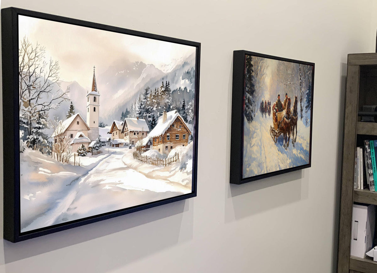 Alpine Winter Village Print | Snowy Mountain Church Wall Art |European Cottage Landscape | Christmas Watercolor Painting | Rustic Snow Scene