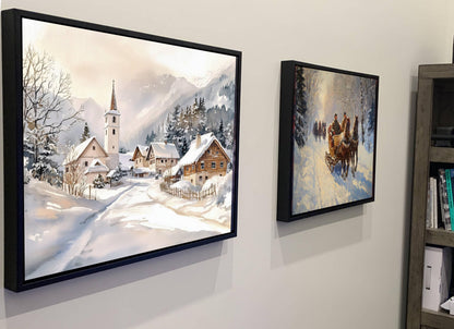 Alpine Winter Village Print | Snowy Mountain Church Wall Art |European Cottage Landscape | Christmas Watercolor Painting | Rustic Snow Scene