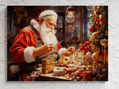 Santa Claus Print - Santa Claus Crafting Toys, Traditional Christmas Decor, Holiday Artwork, Festive Season Canvas Print, Santa Workshop