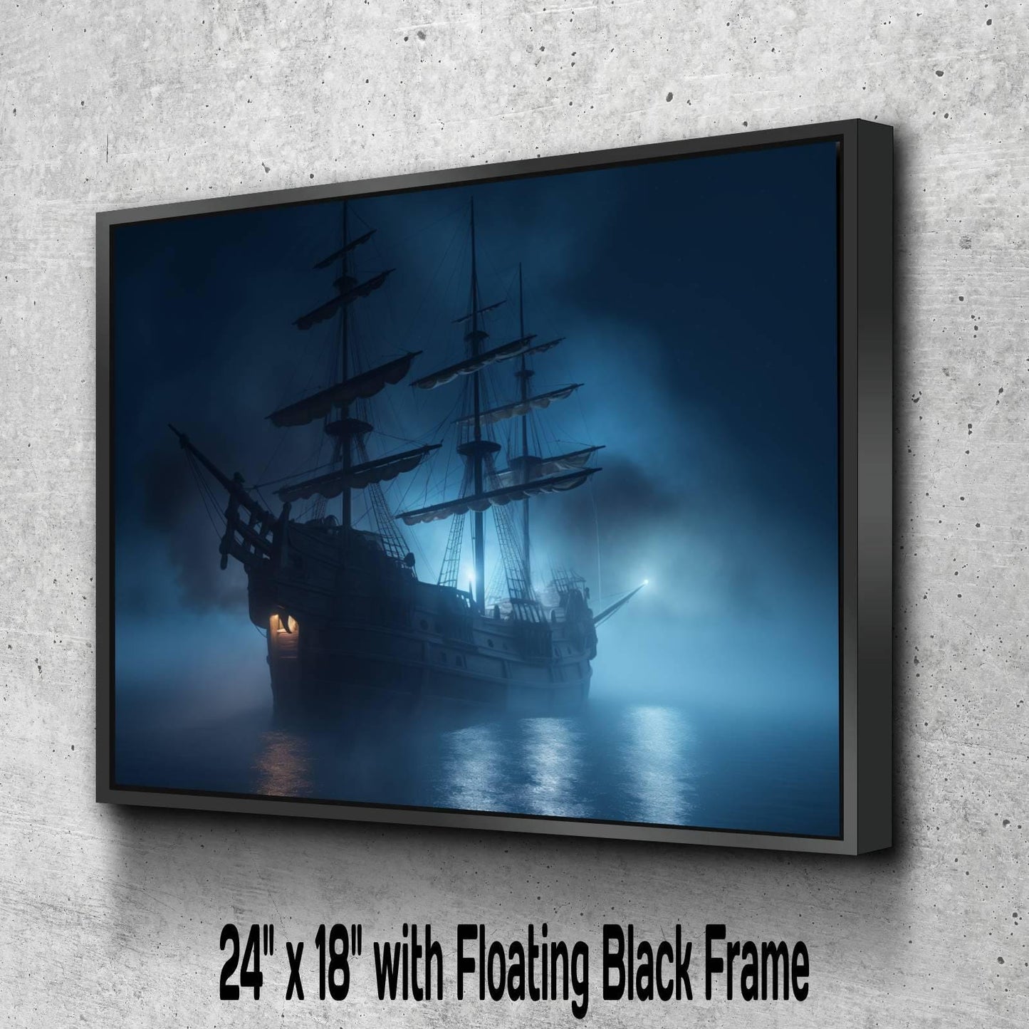Pirate Ship in Fog Canvas Art, Blue Misty Nautical Print, Moody Maritime Wall Decor, Atmospheric Sailing Ship Painting