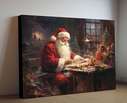 Vintage Santa Claus Canvas Print, Christmas Eve Planning Scene, Festive Workshop Art, Holiday Decor, Seasonal Wall Art, Gift for Christmas