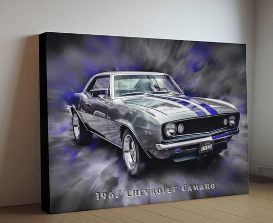 1967 Chevrolet Camaro Silver and Blue Canvas Print | Vintage Auto Wall Art Decor | Retro Muscle Car | Car Lovers Poster Gift