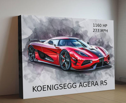 2017 Koenigsegg Agera RS Red Canvas Print| Hyper Super Car Auto Wall Art Decor | New Car Lovers Poster Gift | Framed Mancave Artwork