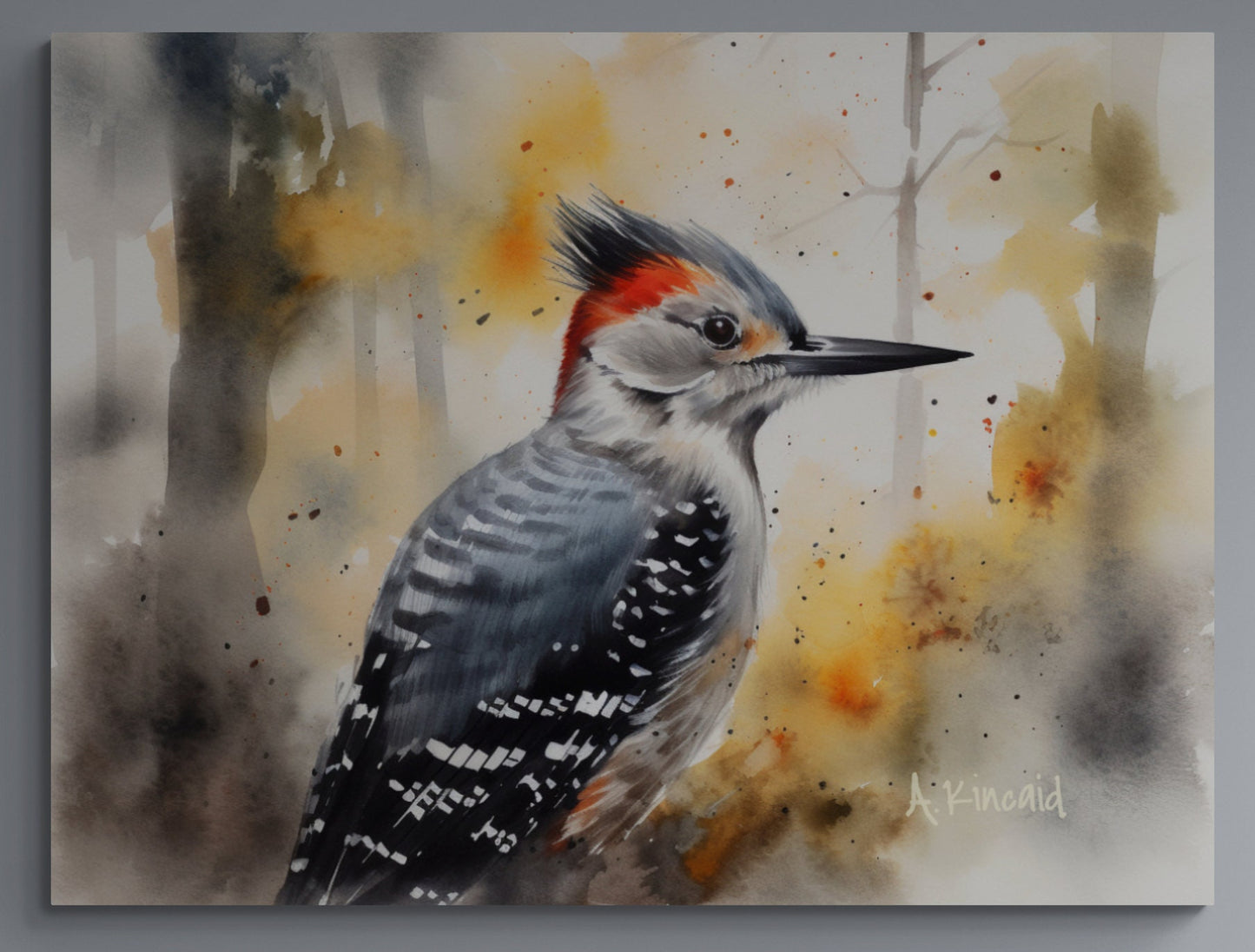 a watercolor painting of a red - bellied woodpecker