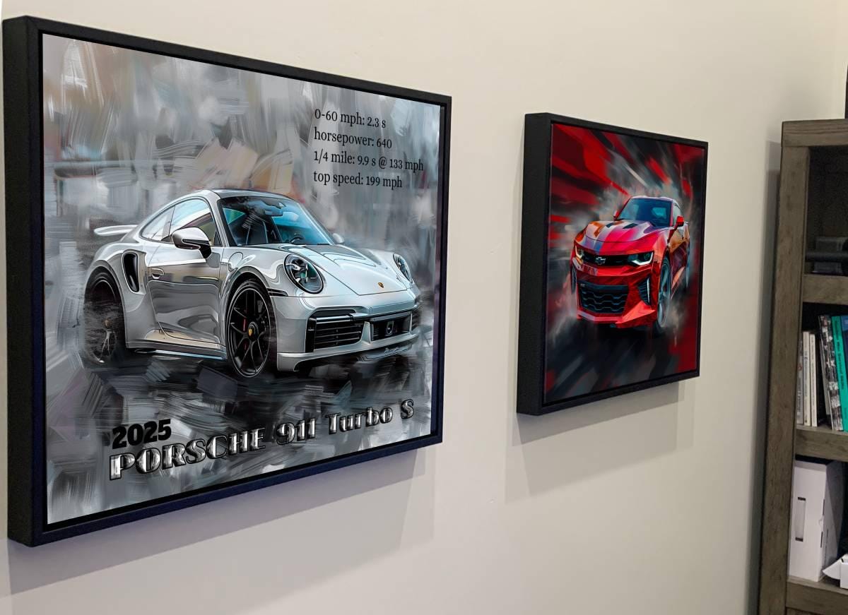 2025 Porsche 911 Turbo S Sports Car Canvas Print with Text | Modern Auto Wall Art Decor | Car Lovers Poster Gift | Legendary Supercar