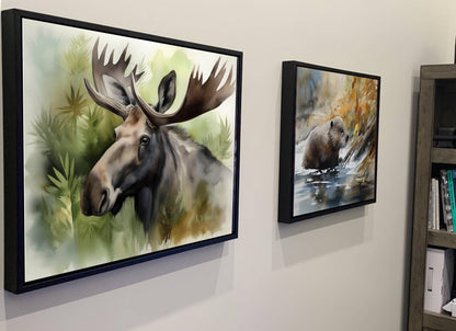 two framed paintings of moose and beaver on a wall.