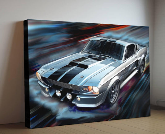 1967 Ford Mustang Shelby GT500 Silver | Classic Car Canvas Print | Vintage Auto Wall Art Decor | Retro Muscle Pony Car | Car Lovers Poster