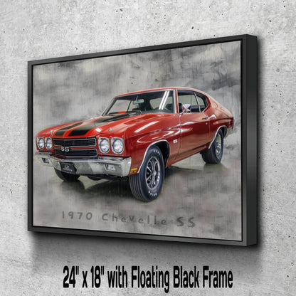 1970 Chevrolet Chevelle SS 454 Canvas Print | Vintage Auto Wall Art Decor | Black Red Retro Muscle Car | Car Lovers Poster Gift