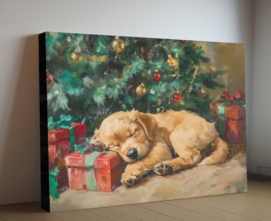Christmas Puppy Art Print | Golden Retriever Holiday Wall Decor | Sleeping Dog Under Tree | Xmas Gift Present Painting | Cozy Pet Art