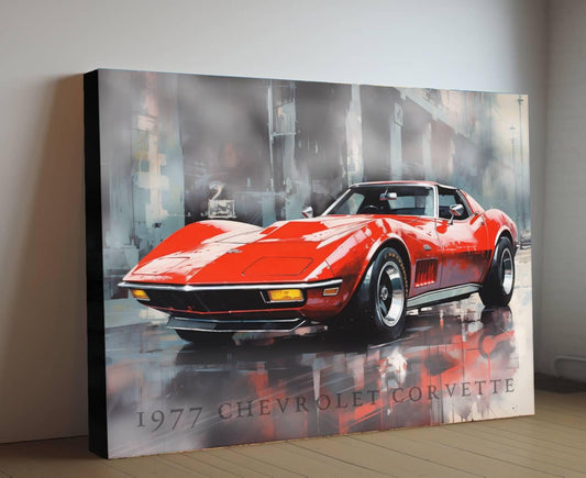 1977 Chevrolet Corvette Canvas Print | Vintage Auto Wall Art Decor | Retro Sports Car | Car Lovers Poster Gift | C3 Red Vette Chevy, Mancave
