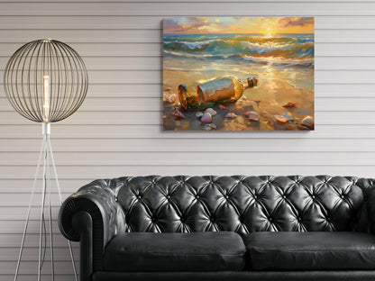 Message in Bottle Canvas, Pirate Beach Sunset Print, Romantic Ocean Wall Decor, Seashell Shore Oil Painting Style, Maritime Mystery