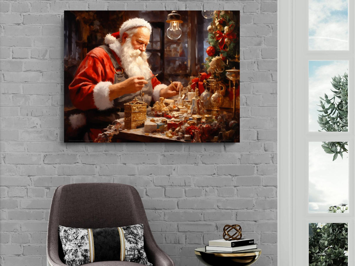 Santa Claus Print - Santa Claus Crafting Toys, Traditional Christmas Decor, Holiday Artwork, Festive Season Canvas Print, Santa Workshop