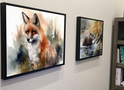 two framed paintings hanging on a wall, depicting a fox and a bear in a natural setting.