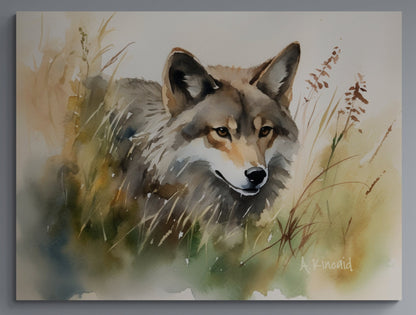 a painting of a wolf in the grass