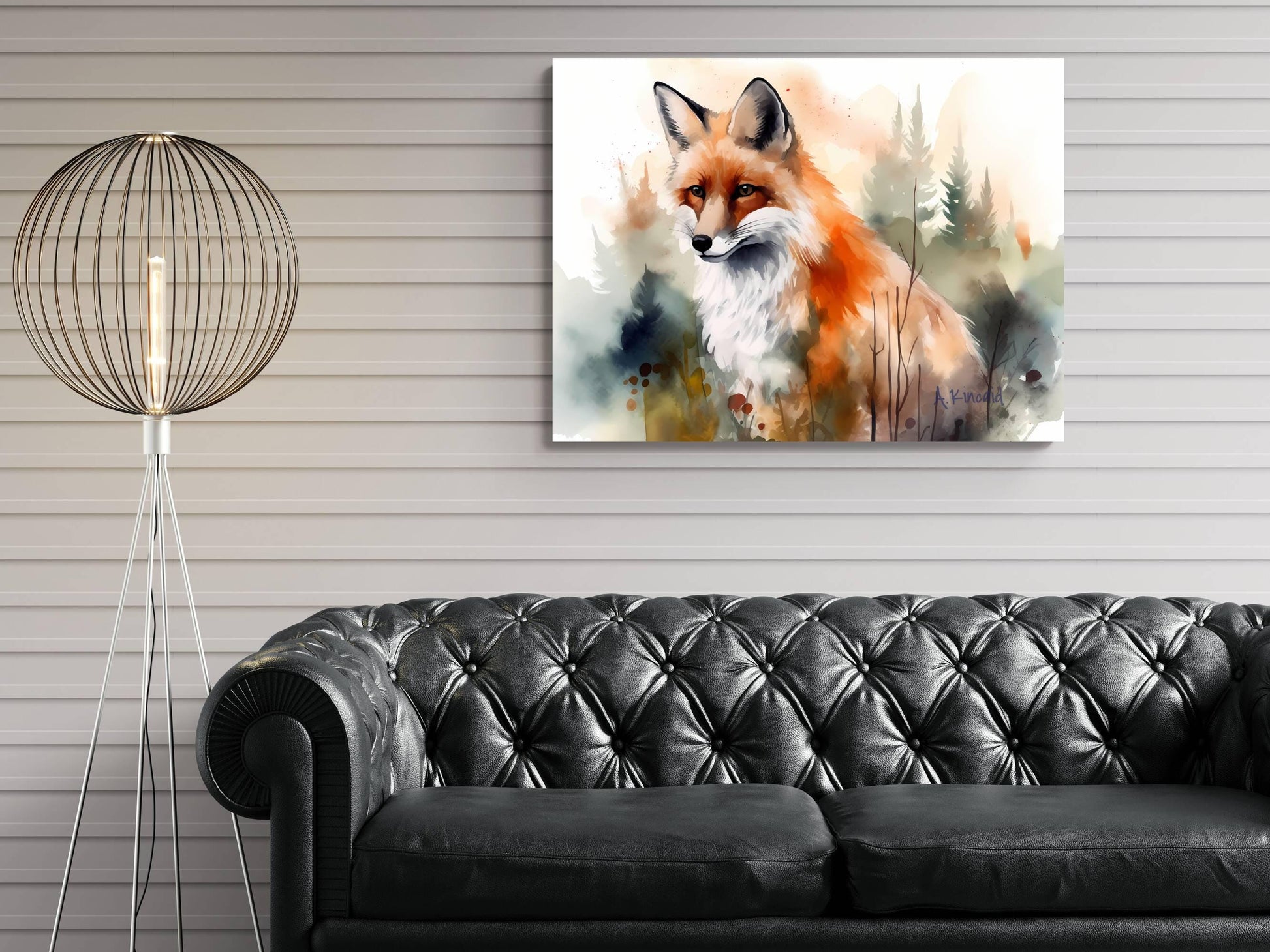 a painting of a fox on the wall, with a black leather couch in the foreground.