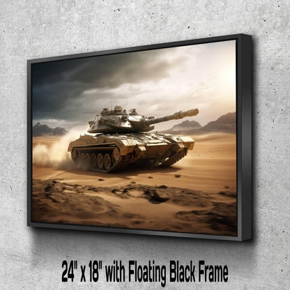 A military tank is shown driving through a desert landscape, kicking up dust as it moves across the sandy terrain.