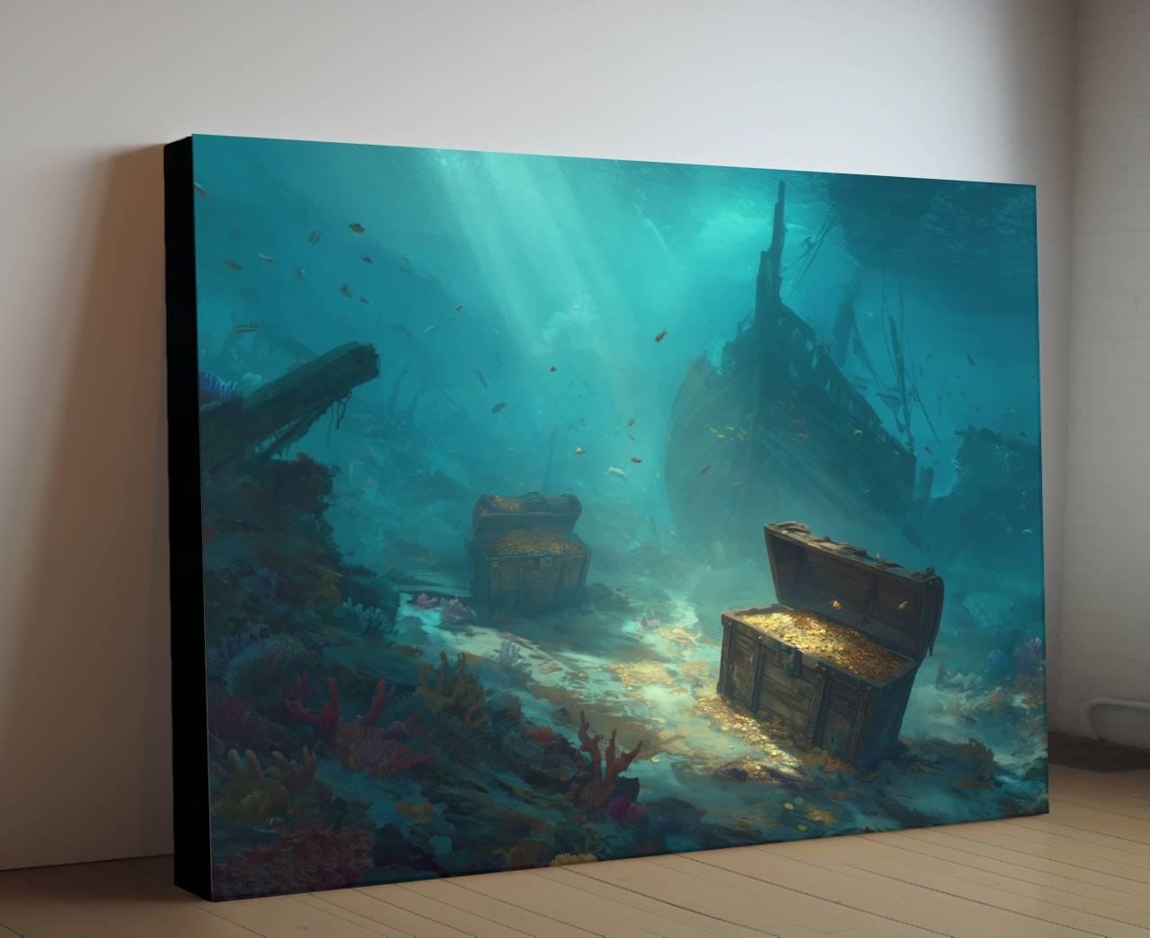 Underwater Shipwreck Treasure Canvas, Sunken Pirate Gold Print, Ocean Floor Discovery Wall Decor, Turquoise Marine Painting
