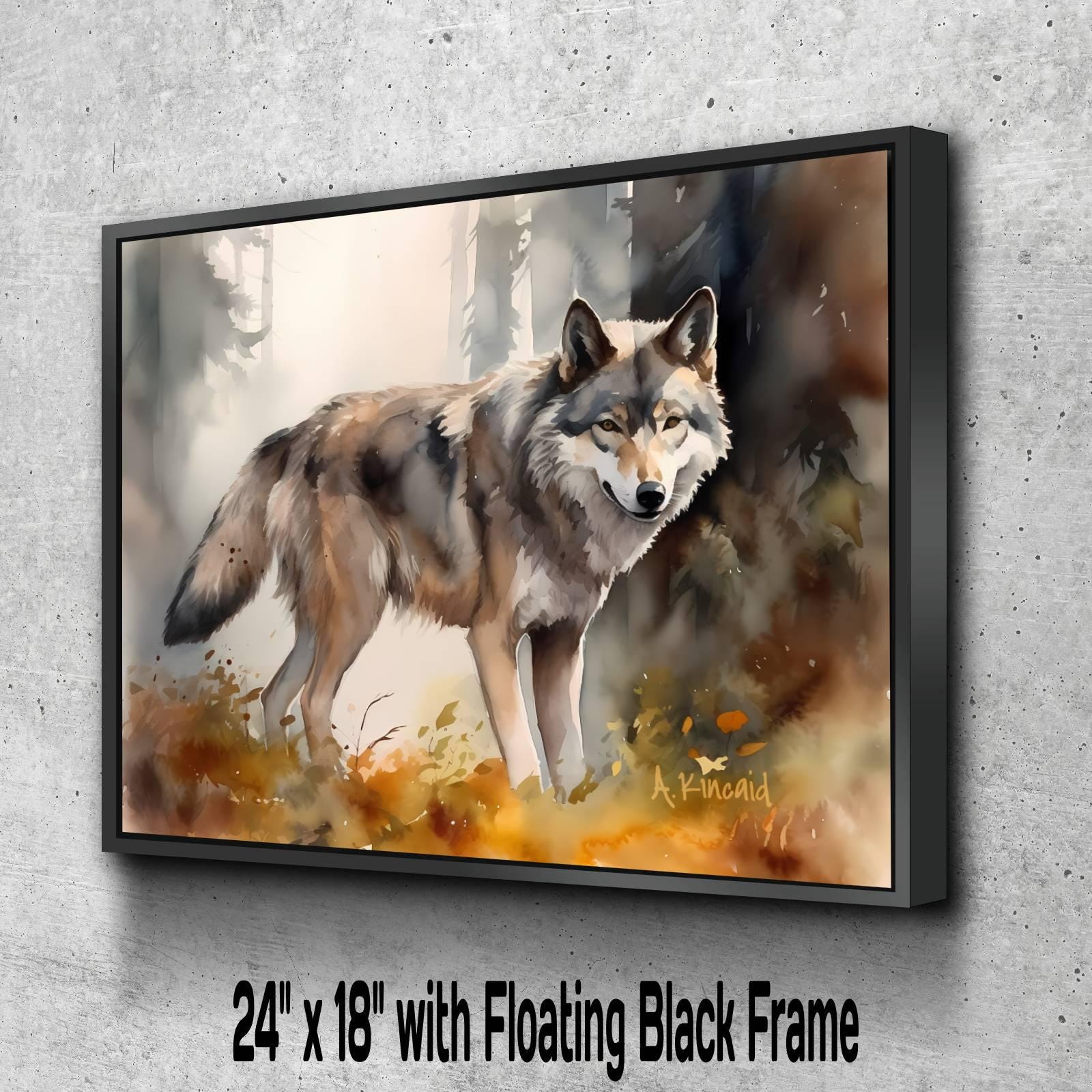 A wolf standing in a forest, with a black frame around the painting.