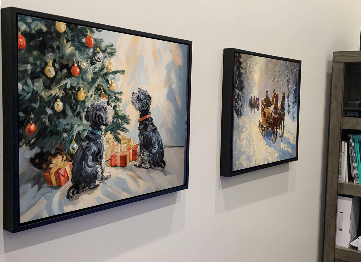 Christmas Dogs Art Print | Schnauzer Holiday Wall Decor | Puppies Under Tree Ornaments | Xmas Pets Gift Painting | Festive Animal Scene