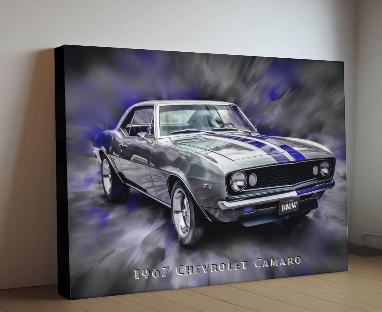 1967 Chevrolet Camaro Silver and Blue Canvas Print | Vintage Auto Wall Art Decor | Retro Muscle Car | Car Lovers Poster Gift