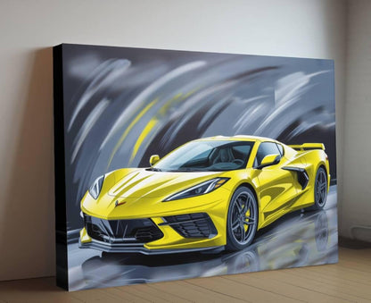 2024 C8 Corvette Yellow Canvas Wall Decor | Chevrolet Sports Car Print | Modern Auto Poster | Car Lover Gift | C8 Vette Car Gift for Man