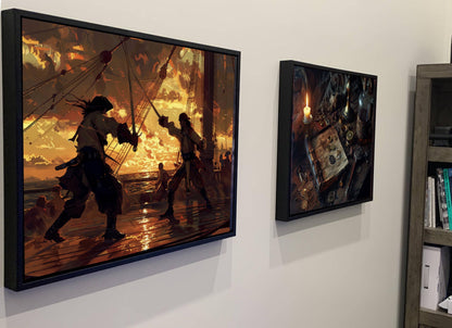Pirate Sword Fight Sunset Canvas, Silhouette Duel Print, Golden Sky Maritime Battle Decor, Epic Combat Scene Painting