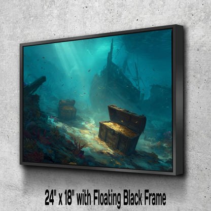 Underwater Shipwreck Treasure Canvas, Sunken Pirate Gold Print, Ocean Floor Discovery Wall Decor, Turquoise Marine Painting