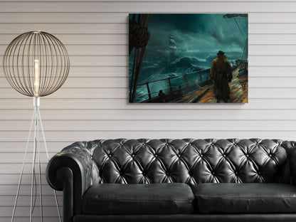 Pirate Captain Storm Deck Canvas, Lightning Ocean Print, Ship Battle Watch Wall Decor, Dramatic Maritime Tempest Painting