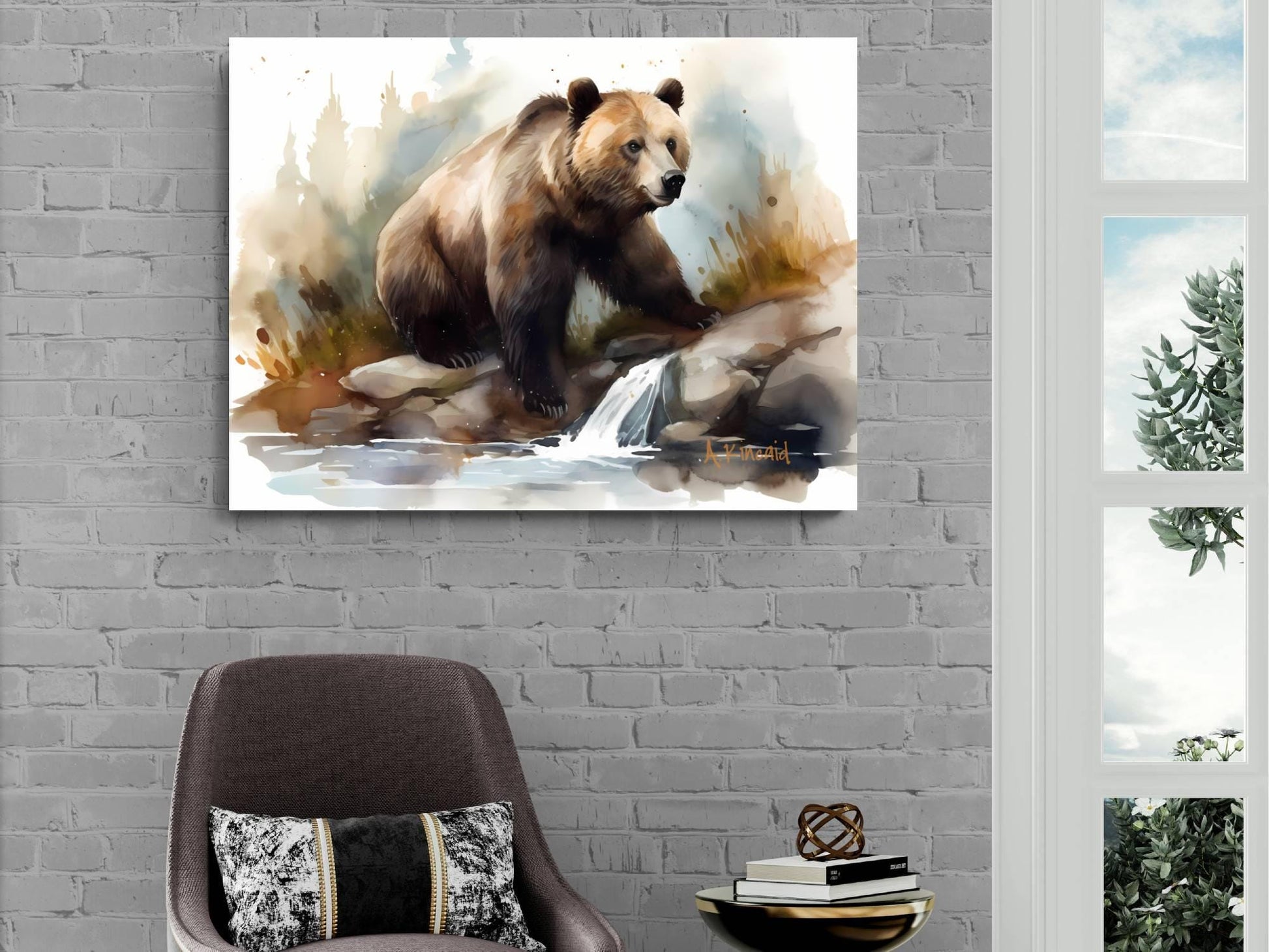 a large brown bear standing on rocks near a stream, with a waterfall in the background.