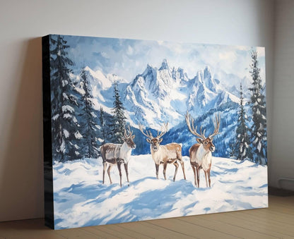 Winter Reindeer Art Print | Snowy Mountain Landscape Wall Decor | Christmas Caribou Nature Painting | Alpine Wildlife Scene | Xmas Animals