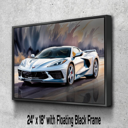 2025 C8 Corvette White #2 Canvas Wall Decor | Chevrolet Sports Car Print | Modern Auto Poster | Car Lover Gift | C8 Vette Car Gift for Man