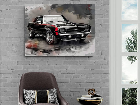 1969 Chevrolet Camaro RS/SS Black and Red Canvas Print | Vintage Auto Wall Art Decor | Retro Muscle Car | Car Lovers Poster Gift