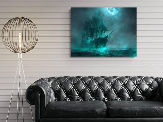 Ghost Ship Canvas Print, Ethereal Pirate Vessel Wall Decor, Spectral Galleon Teal Fog Painting, Haunted Maritime Fantasy Artwork