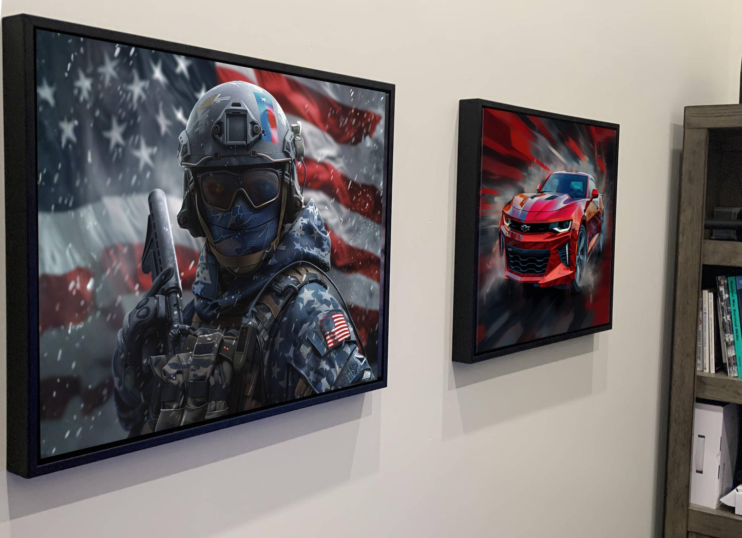 two framed artworks hanging on a wall. The left artwork depicts a person in military gear, while the right artwork shows a red sports car.