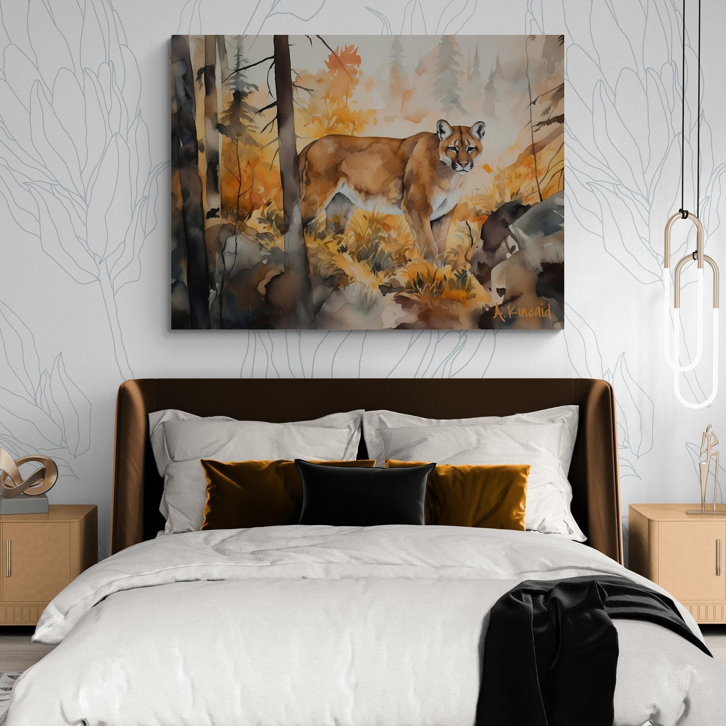 Mountain Lion in Forest  | Canvas Print | Wildlife Art | Cabin Art | Forest Art | Archer Kincaid