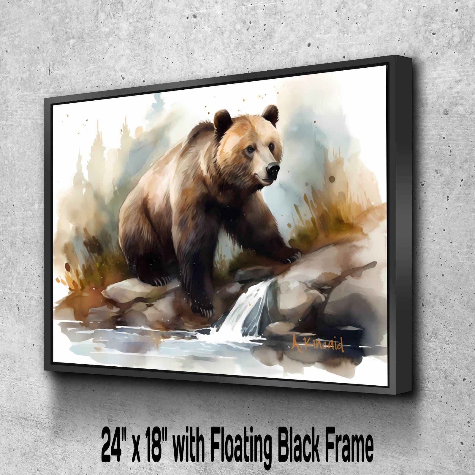 A painting of a brown bear standing on rocks near a waterfall, with a black frame.
