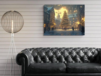Christmas Town Square Print | Snowy Evening Tree Lights Wall Art | Holiday Market Scene Painting | Festive Winter Village |Xmas Street Decor