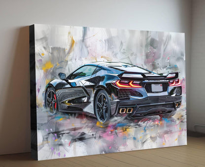2025 C8 Corvette Canvas Wall Art Rear View | Black Chevrolet Sports Car Print | Modern Auto Poster | Car Lover Gift | C8 Vette Decor