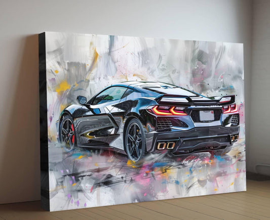 2025 C8 Corvette Canvas Wall Art Rear View | Black Chevrolet Sports Car Print | Modern Auto Poster | Car Lover Gift | C8 Vette Decor