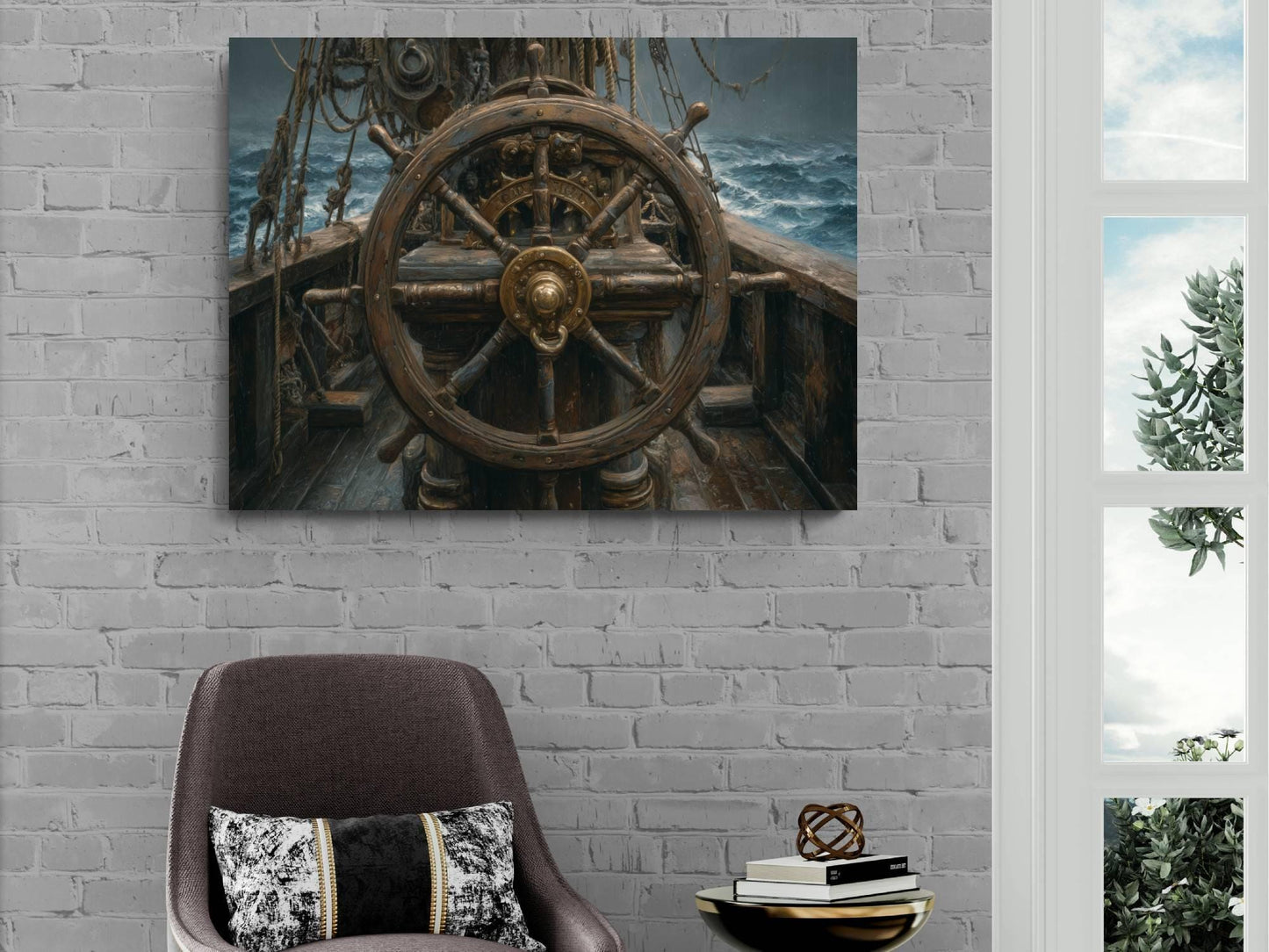 Pirate Ship Wheel Canvas, Helm Steering Print, Nautical Maritime Wall Decor, Weathered Wooden Deck Painting, Captain's Command
