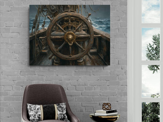 Pirate Ship Wheel Canvas, Helm Steering Print, Nautical Maritime Wall Decor, Weathered Wooden Deck Painting, Captain's Command