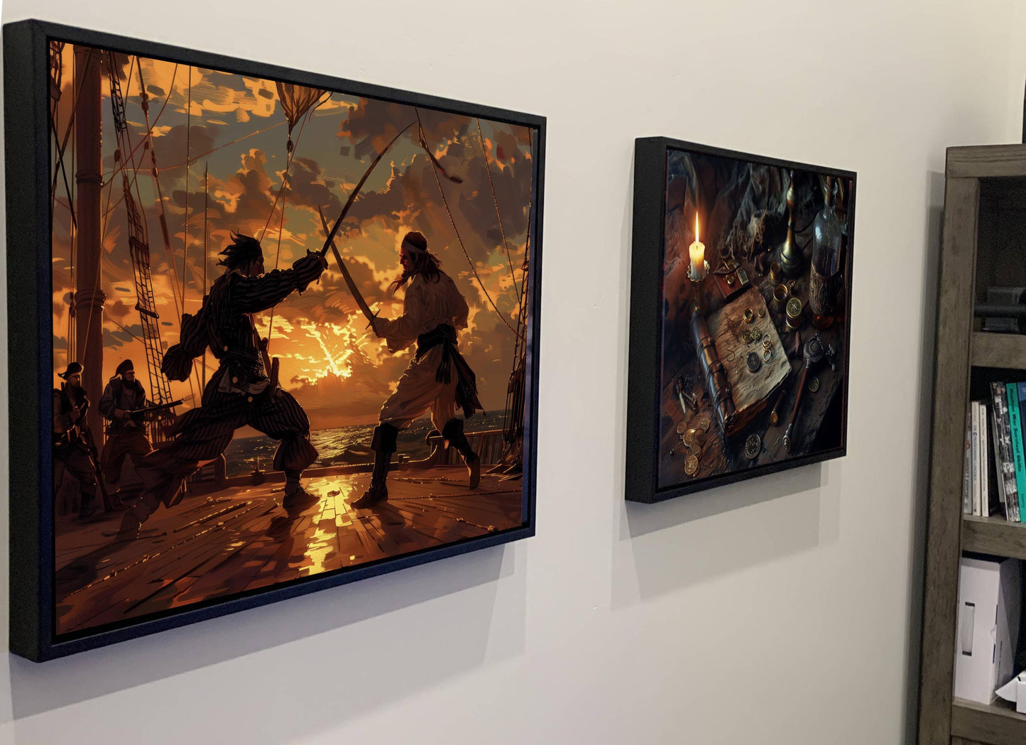 Pirate Sword Duel Canvas, Sunset Deck Battle Print, Swashbuckling Action Wall Decor, Golden Hour Maritime Combat Painting