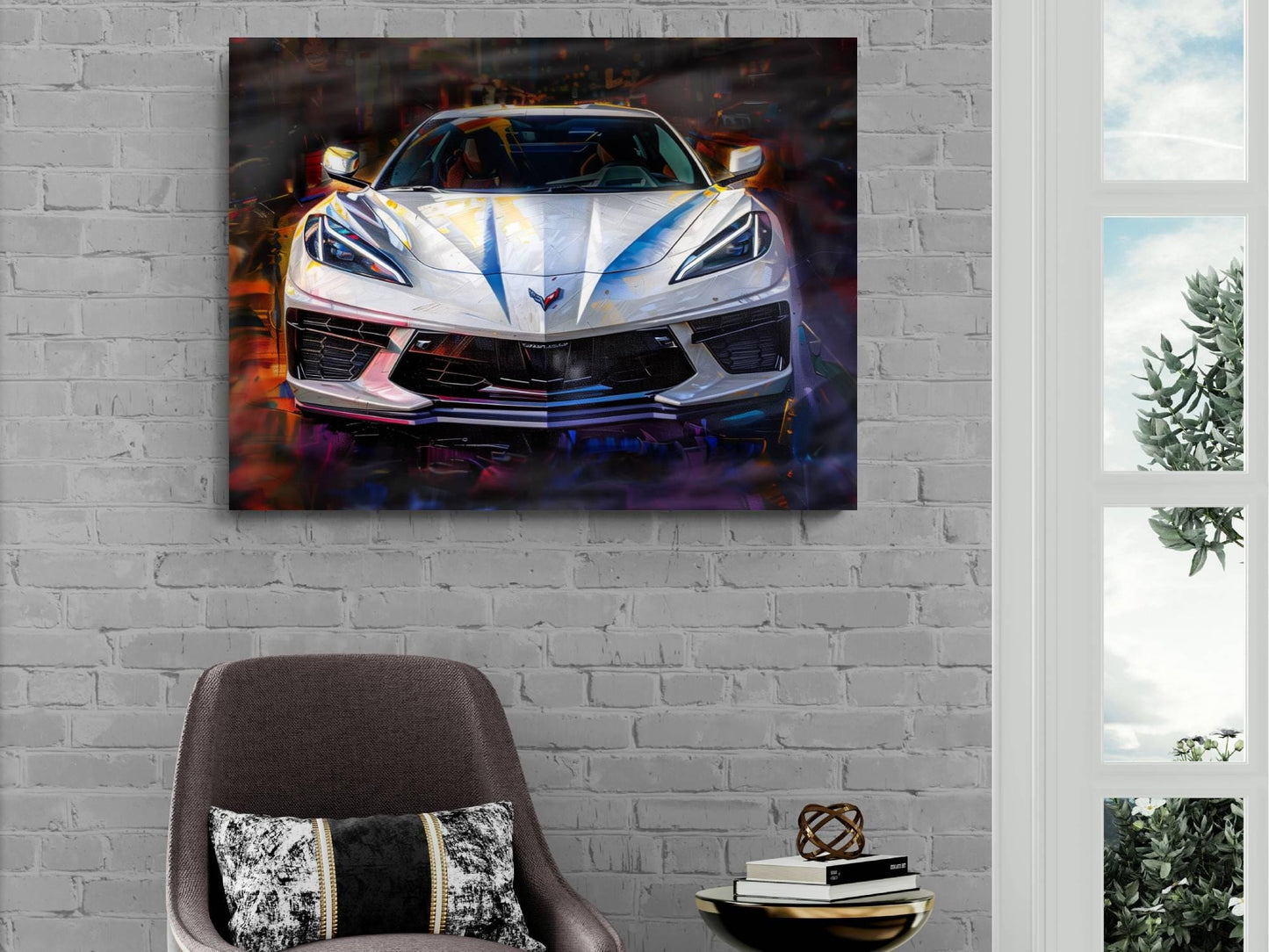 2025 C8 Corvette White Front View Canvas Wall Art | Chevrolet Sportscar Print | Modern Auto Poster | Car Lover Gift | C8 Vette Car Lover