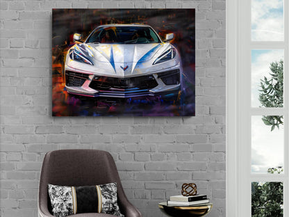 2025 C8 Corvette White Front View Canvas Wall Art | Chevrolet Sportscar Print | Modern Auto Poster | Car Lover Gift | C8 Vette Car Lover