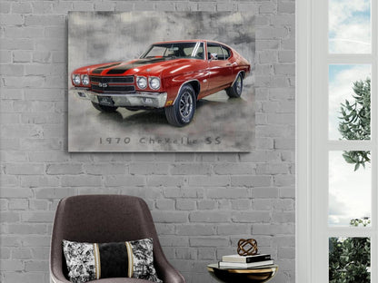 1970 Chevrolet Chevelle SS 454 Canvas Print | Vintage Auto Wall Art Decor | Black Red Retro Muscle Car | Car Lovers Poster Gift