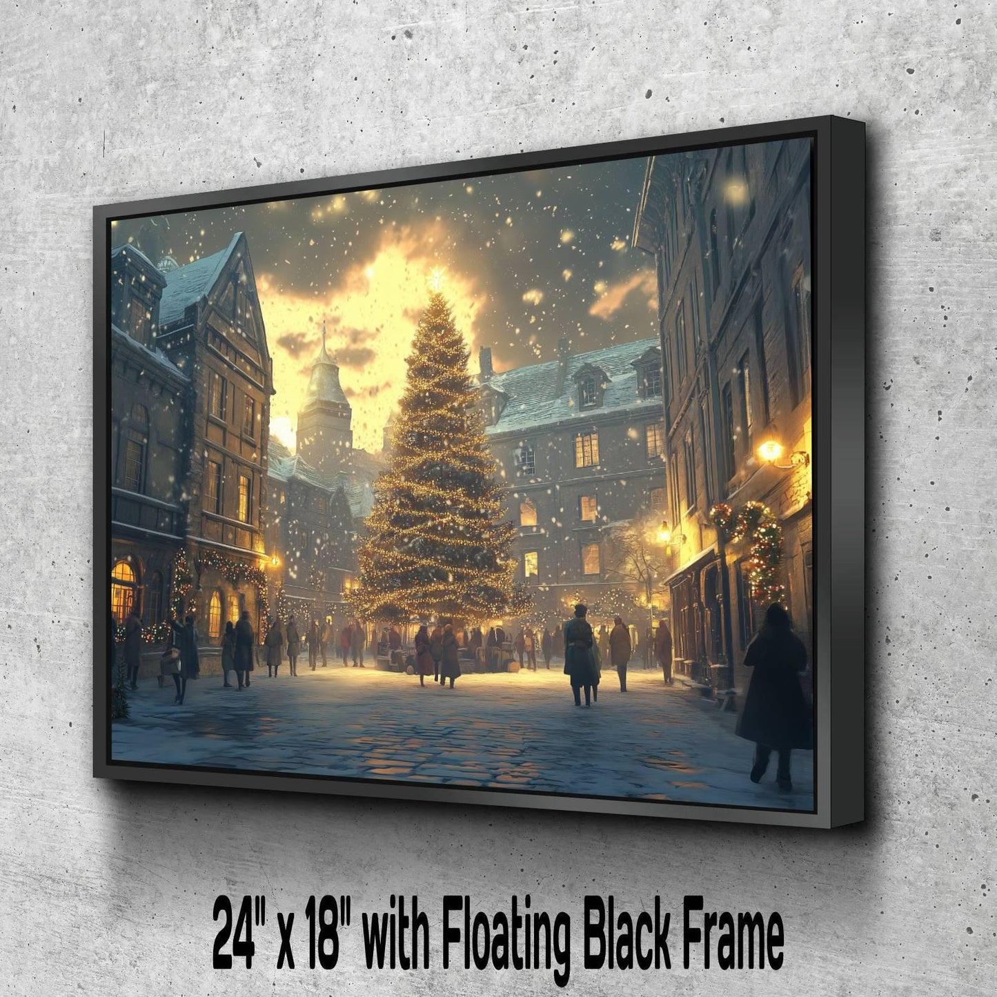 Christmas Town Square Print | Snowy Evening Tree Lights Wall Art | Holiday Market Scene Painting | Festive Winter Village |Xmas Street Decor