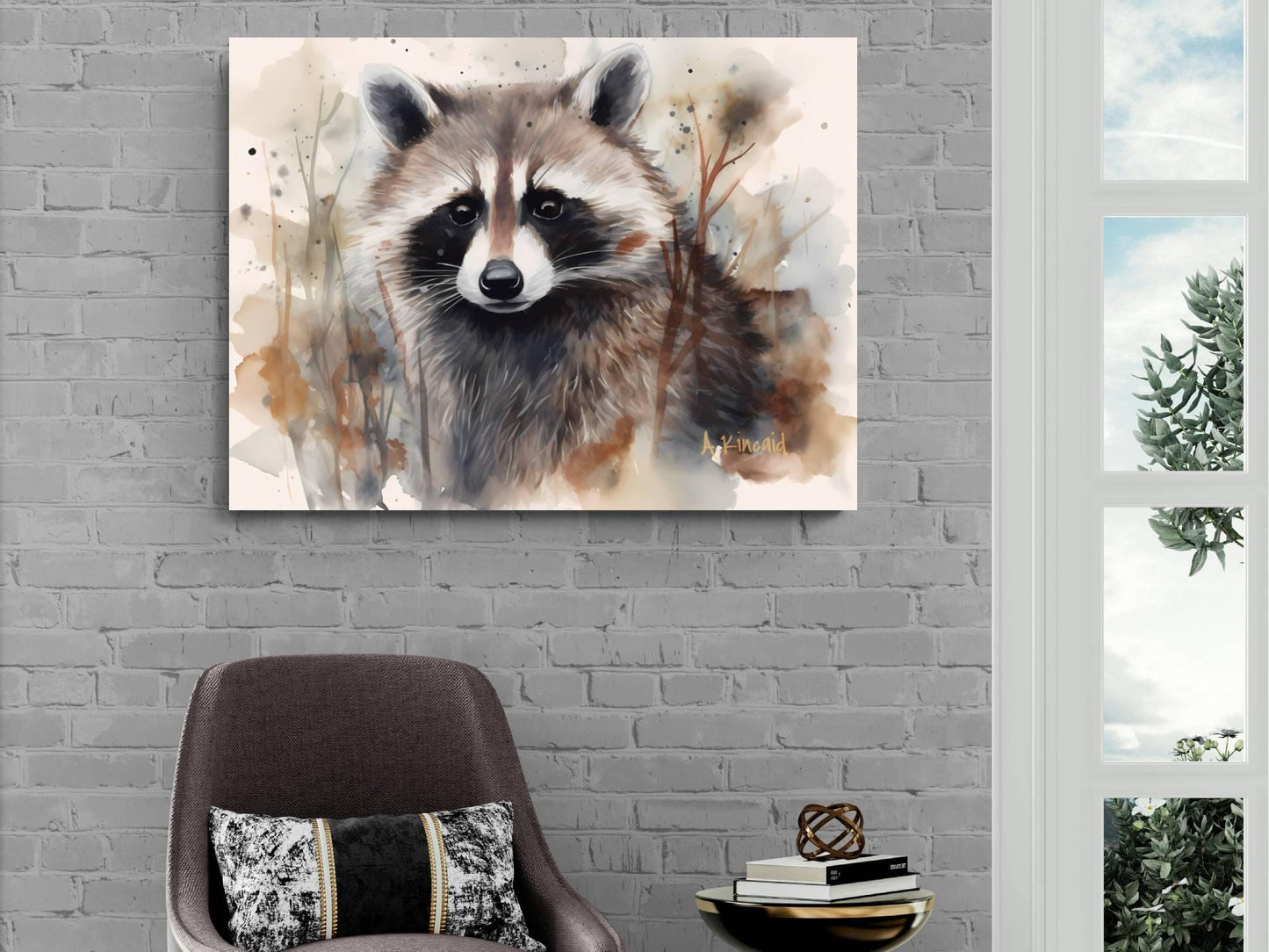 a raccoon painting hanging on a brick wall, with a brown chair and a small table with a decorative item in front of it.