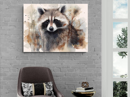 a raccoon painting hanging on a brick wall, with a brown chair and a small table with a decorative item in front of it.