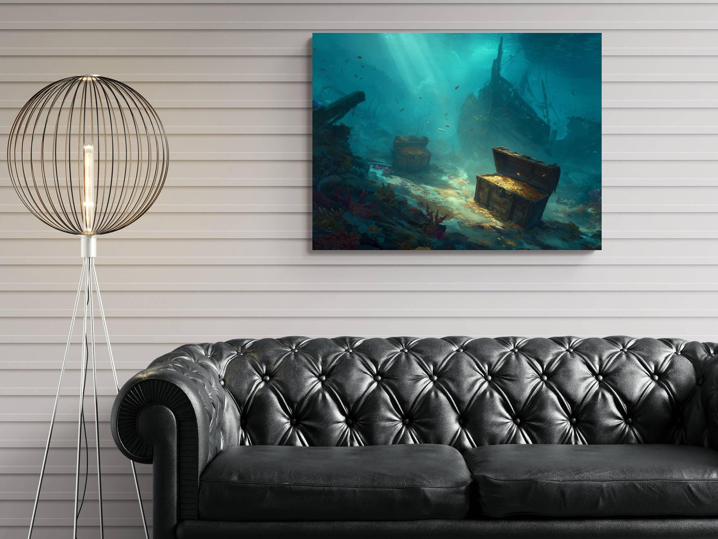 Underwater Shipwreck Treasure Canvas, Sunken Pirate Gold Print, Ocean Floor Discovery Wall Decor, Turquoise Marine Painting